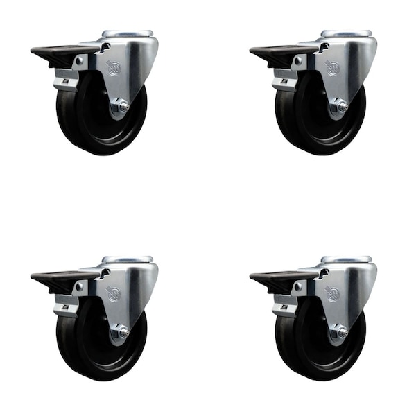 4'' Phenolic Wheel Swivel Bolt Hole Caster Set with Posi Lock Brakes, 4PK